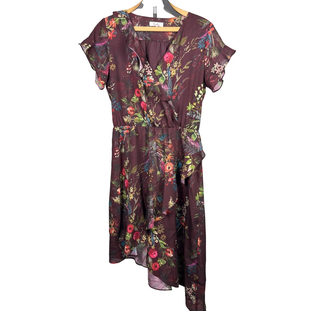 Parker Floral Wrap Dress Women M Burgundy Ruffle Asymmetric Boho Wedding Guest